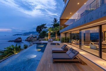 Fototapeta premium Modern Wooden Terrace with Loungers Overlooking the Sea at Night, Swimming Pool, and Biophilic Design