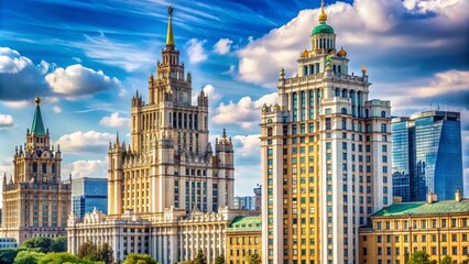 Fototapeta premium Macro View of Stalin Highrise and Book Houses on Novy Arbat in Moscow's Architectural Landscape