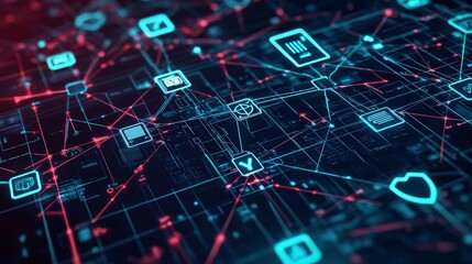 Abstract digital network with connected icons, representing data flow, connection, and communication.