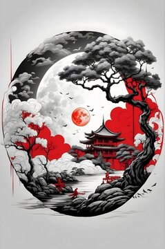 cool Asian Design red white black with tress and The Moon