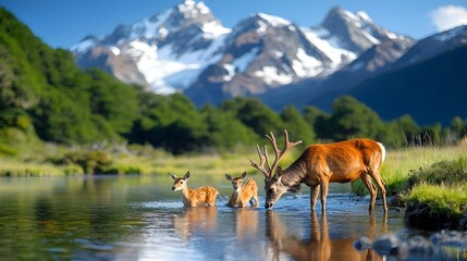 Naklejka premium A family of deer gracefully drinking from a crystal clear mountain stream with snow capped peaks and a lush forested landscape in the distance creating a picturesque and tranquil natural scene