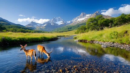 Tranquil Mountain Stream with Deer Family Drinking in Serene Winter Wonderland with Snow Capped Peaks in the Distance