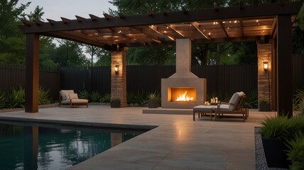 A modern backyard oasis with a swimming pool, a fire pit, and a pergola for relaxing.