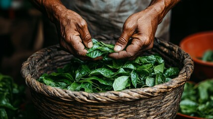 Manos masculinas revisan y seleccionan hojas de té frescas en una cesta de mimbre, mostrando el proceso artesanal.
