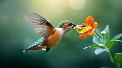 Fototapeta premium Close up view of a hummingbird hovering as it sips sweet nectar from the vibrant petals of a flowering plant with its wings a blur of motion as it feeds
