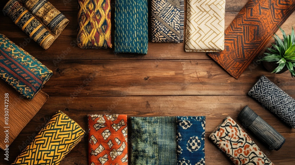 Poster top view of african textile patterns laid out with space for copy