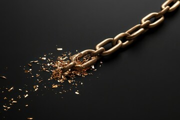 Fototapeta premium A broken chain lies on a dark surface, with metallic shards scattered around it, representing economic disruptions and financial challenges in a contemporary minimalist style.