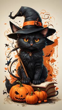 A detailed illustration of a print of a colorful cute black cat
