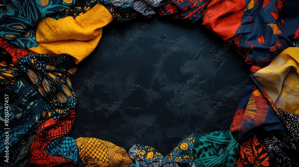 Poster top view of african wax print fabrics folded with open copy space in the center