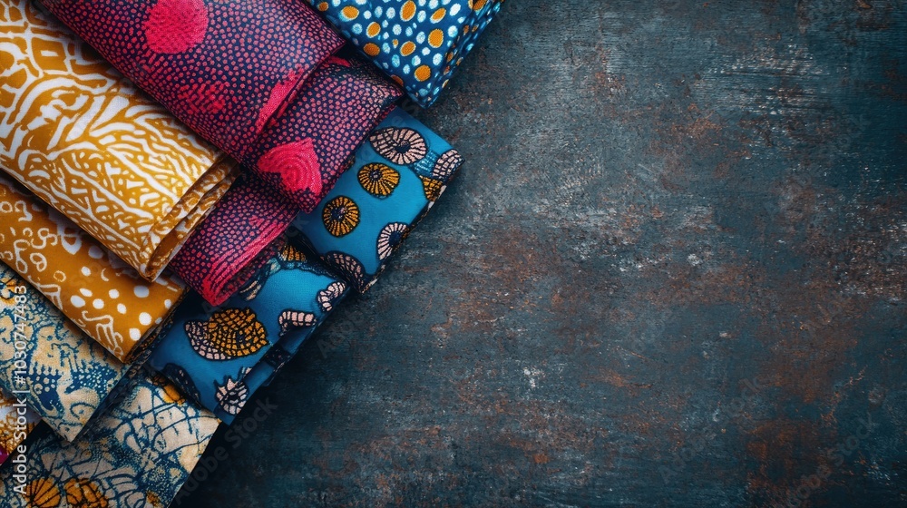 Aufkleber top view of african wax print fabrics folded with open copy space in the center
