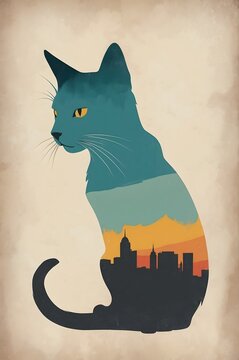 A minimalist, t-shirt design with a vintage twist, featuring a sleek and stylized cat silhouette