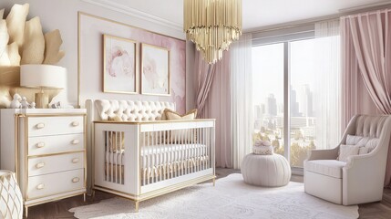 A luxurious nursery with a white crib, a gold chandelier, a pink armchair, and a white ottoman.