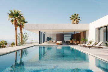 Fototapeta premium Modern Home in Miami with Pool, Palm Trees, White Stucco Walls, and Sleek Architecture