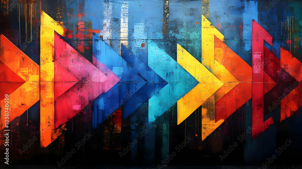 Poster colorful abstract arrows pointing right, showcasing dynamic movement.