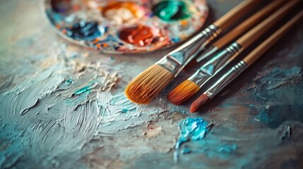 Obraz premium Paintbrushes and palette with colorful paint on a gray wooden surface.