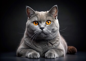 Obraz premium Majestic British Shorthair Cat on Black Background - Gray Fur and Striking Yellow Eyes