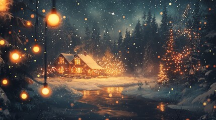Fototapeta premium Winter cabin scene with snow and festive lights at night.