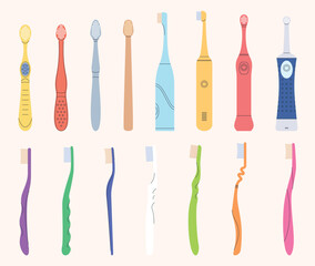 A set of ordinary and electric colored toothbrushes. Brushes of different shapes for brushing teeth. Oral hygiene. Vector illustration