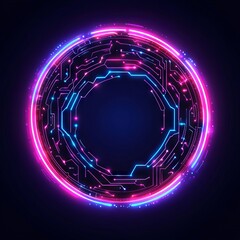 A vibrant, circular design featuring neon circuitry and glowing elements.