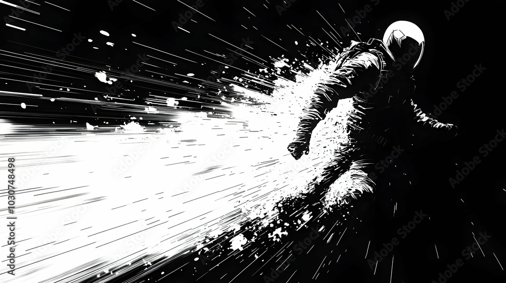 Poster astronaut in motion, creating a burst of light in space.