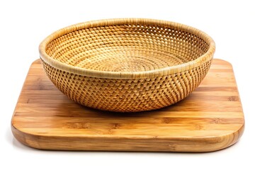 Forced perspective handcrafted bowl made of rattan on wooden cutting board isolated on white background