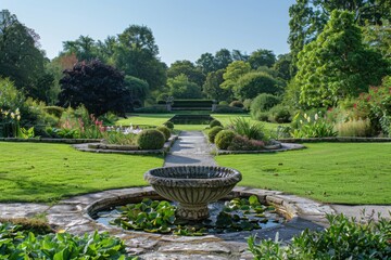  Ornamental Garden with Green Grass, Trees, Flowers, Small Pond, Stone Path, and Fountain Bowl Under Clear Blue Summer Sky