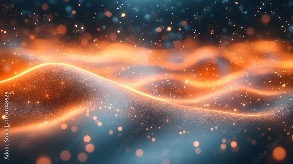 Poster abstract waves of light and particles creating a dynamic atmosphere.