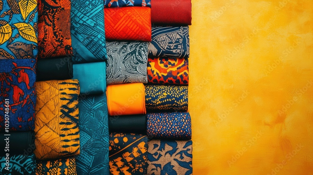 Poster top view of vibrant african fabrics with traditional patterns, arranged with open space for text