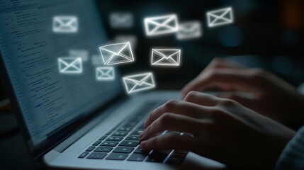 Obraz premium Person typing on a laptop with email icons floating above the keyboard.