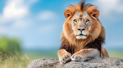 Fototapeta premium Powerful and Majestic Lion Resting on a Rock in the Vast African Savannah with Its Magnificent Mane Blowing Gently in the Wind