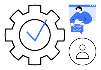 Gear with check mark, human icon, person holding a cashback sign. Ideal for business, efficiency, personal profile, finance, and customer rewards. Minimalist, modern, and clean style