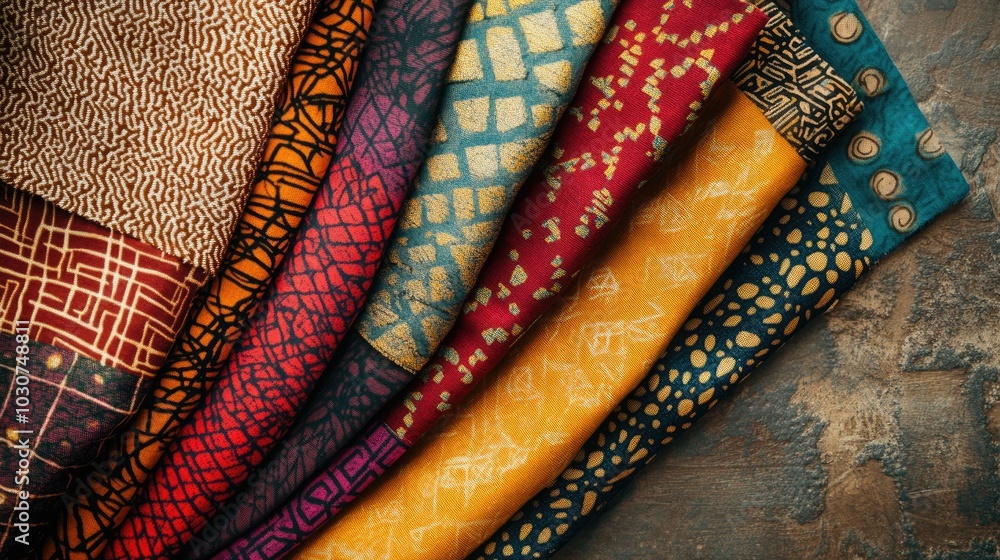 Poster top view of vibrant african fabrics with traditional patterns, arranged with open space for text