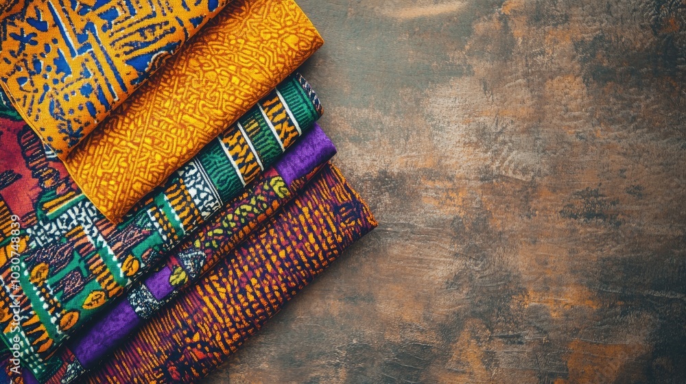 Poster top view of vibrant african fabrics with traditional patterns, arranged with open space for text