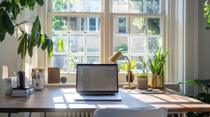 Fototapeta premium Laptop on Desk by Window with Sunlight