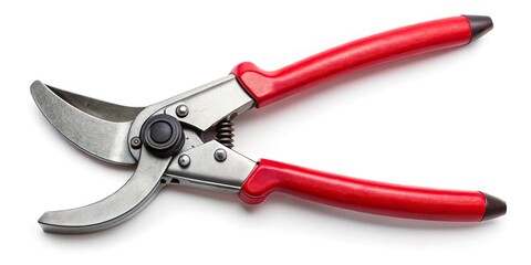 Fototapeta premium Isolated garden pruner with a red handle high angle view