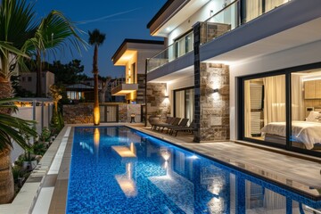 Fototapeta premium Nighttime Photo of Pool and Modern Luxury Townhouses in Kuş Çavuşar, Turkey