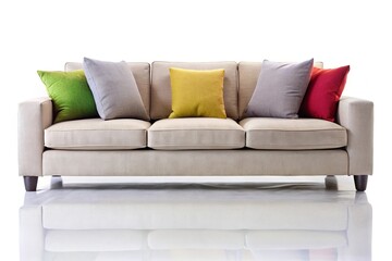 Fototapeta premium Isolated gray sofa with armrests and colorful cushions