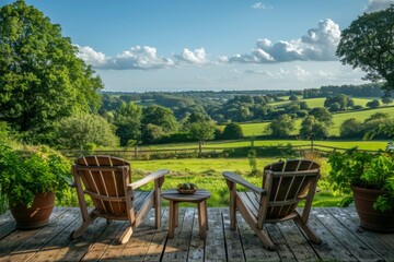 Fototapeta premium Beautiful Garden with Wooden Furniture on Deck Overlooking Green Field and Country House in Guernsey Style