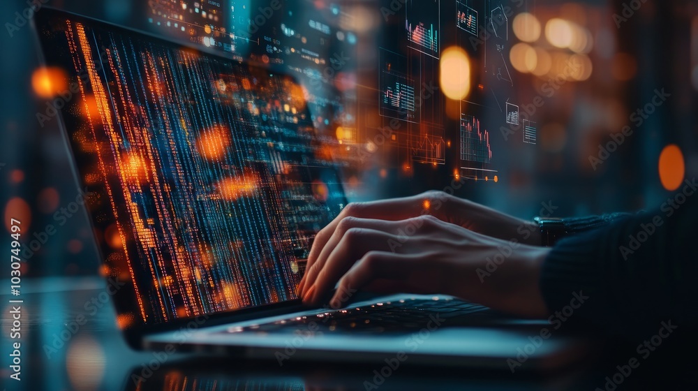 Poster person's hands typing on a laptop with data and charts displayed on the screen in a digital world.