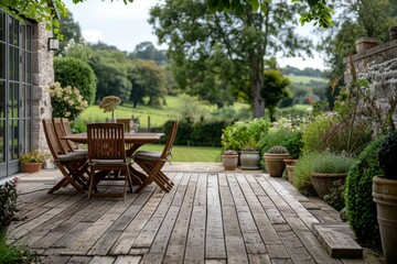 Fototapeta premium Wooden Terrace with Garden Furniture Overlooking Meadow and Orchard at Country House in Cornwall