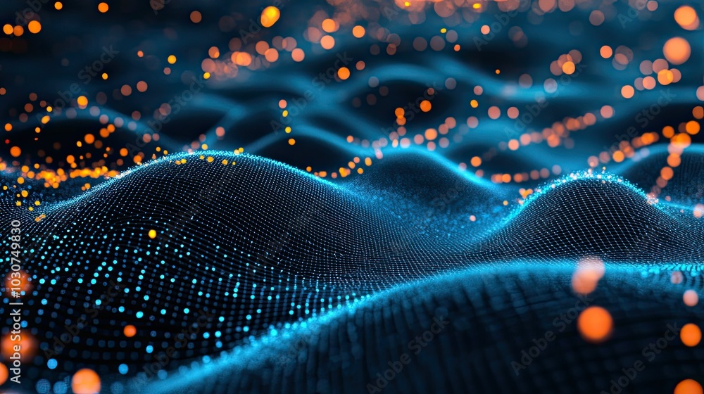 Poster abstract 3d digital mesh with glowing particles and data streams representing technological innovati