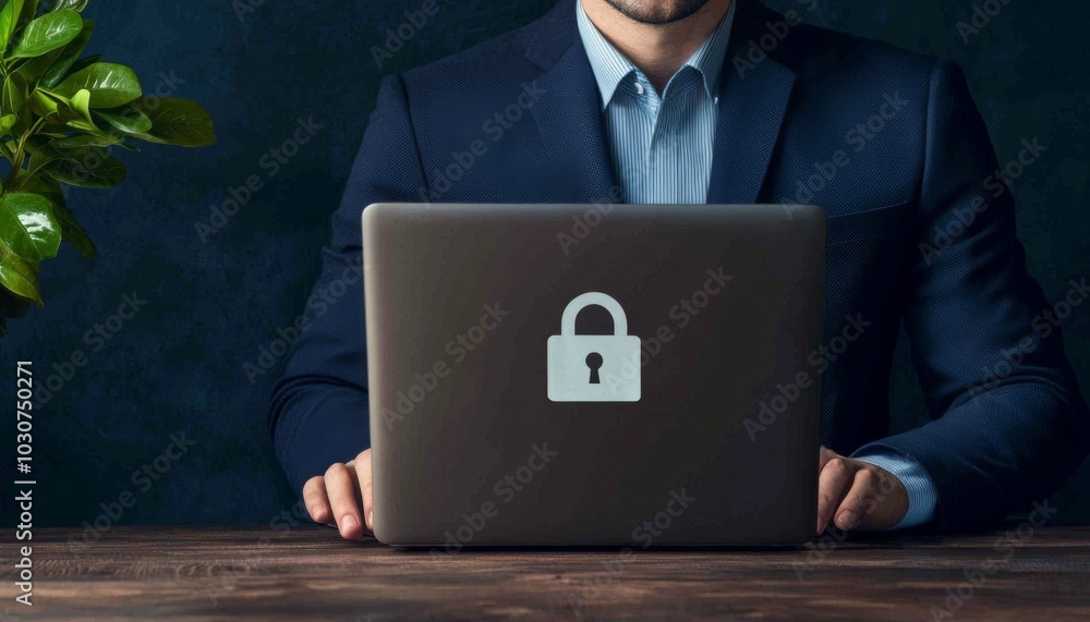 Poster a professional individual working on a laptop with a padlock icon displayed, symbolizing cybersecuri