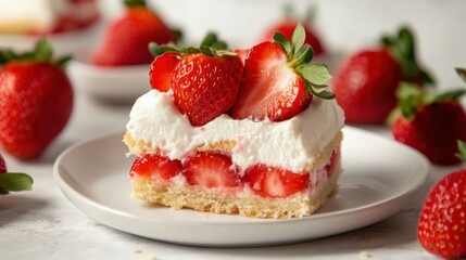 Fresh Strawberry Shortcake Slice Over a White Plate
