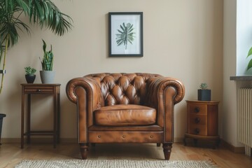 Brown Leather Armchair with Studded Trim and Wooden Legs Near Side Table and Chest of Drawers, Beige Wall with Poster Frame