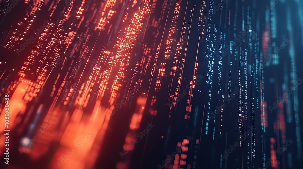 Poster abstract binary code and glowing circuit lines representing the technological landscape of high-tech