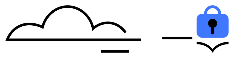 A black cloud outline connected to a blue padlock represents data security. Ideal for cybersecurity, cloud storage, secure data transfer, online privacy, and IT infrastructure. Minimalistic vector