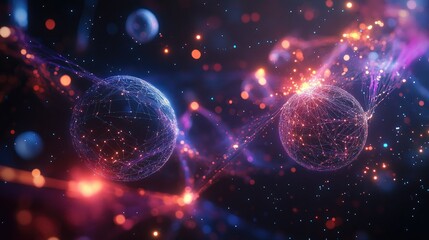 Abstract 3D wireframe with glowing lights and floating digital elements representing technological networks