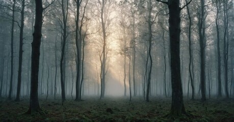Majestic photo of a foggy forest at dawn