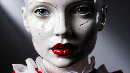 Hyper-Realistic Porcelain Doll with Cracked Face, Glossy Red Lips, and Striking Blue Eyes &ndash; Futuristic Artificial Human-Like Figure in Close-Up, Eerie Beauty and Fragility