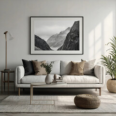 A Blank picture frame mockup on white wall With living room design. View of modern style interior with artwork mock up on wall. Home staging and minimalism concept